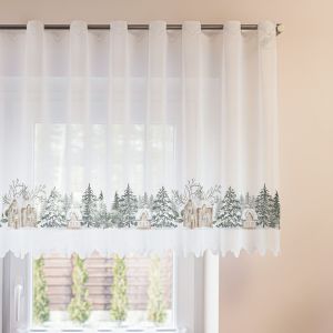 Žakárová vitrážová záclona STROMEČKY 361910, zimní, vánoční vzor s bordurou, barevná (více výšek, v metráži)