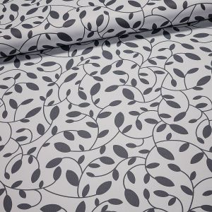 Zatemňovací / termoizolační závěs, blackout 10076/02 šedé listy na bílé, šířka 150cm (látka v metráži)