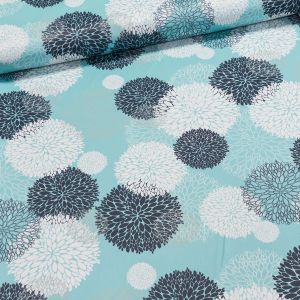 Zatemňovací / termoizolační závěs, blackout 10111/04 bílé a černé květy na tyrkysové, šířka 150cm (látka v metráži)