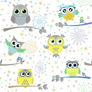 Zatemňovací / termoizolační závěs, dětský blackout 361038-103 SOVY na větvi, zelené, šířka 150cm (látka v metráži)