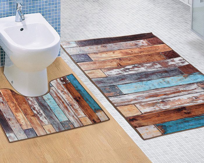 Koupelnová souprava 3D FOTOTISK DŘEVĚNÁ PODLAHA, 100x60cm (předložka) + 60x50cm (na WC)