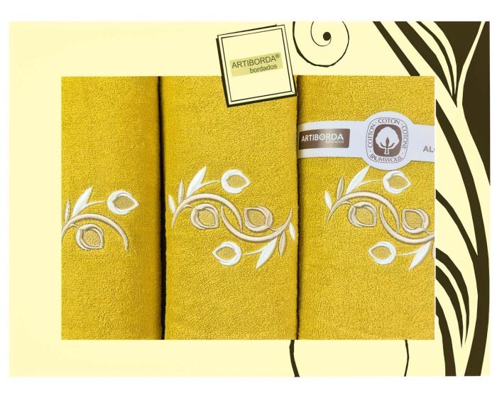 Dárkový set froté ručníků a osušek 126, 3-dílný, medová (okrová) s výšivkou, 1x 30x50cm + 1x 50x90cm + 1x 70x140cm