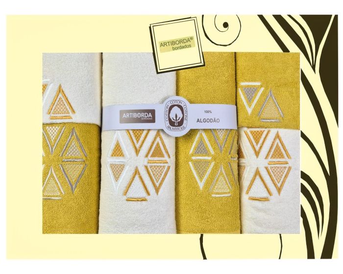 Dárkový set froté ručníků a osušek 171, 6-dílný, medová (okrová) a krémová s výšivkou 2x 30x50cm + 2x 50x90cm + 2x 70x140cm