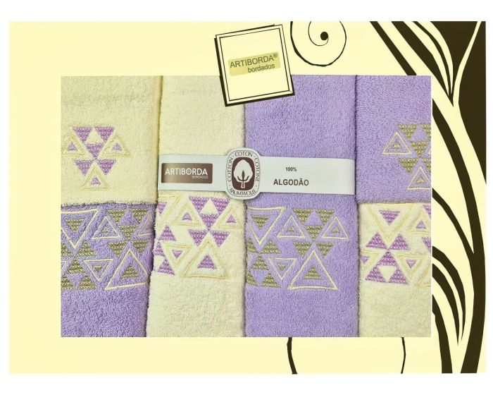 Dárkový set froté ručníků a osušek 189, 6-dílný, fialová a krémová s výšivkou 2x 30x50cm + 2x 50x90cm + 2x 70x140cm