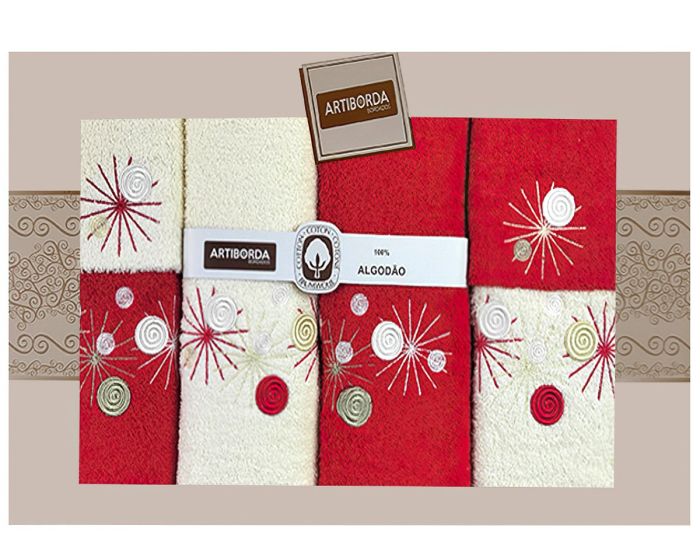 Dárkový set froté ručníků a osušek 52, 6-dílný, krémová a červená s výšivkou, 2x 30x50cm + 2x 50x90cm + 2x 70x140cm