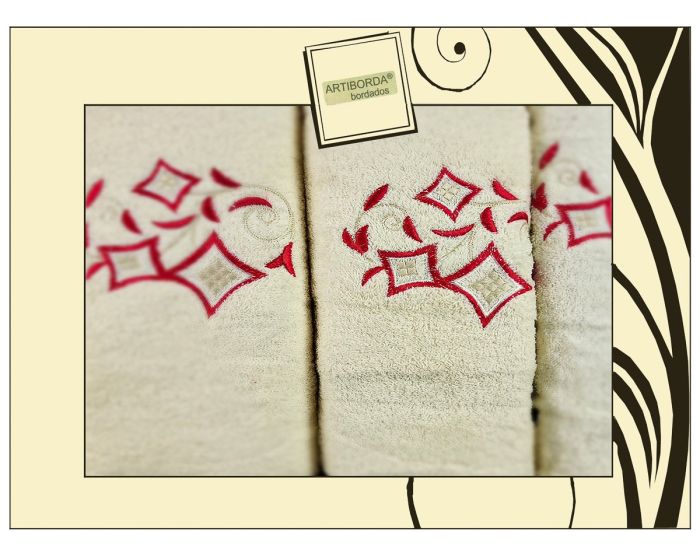 Dárkový set froté ručníků a osušek 63, 3-dílný, krémová s červenou výšivkou, 1x 30x50cm + 1x 50x90cm + 1x 70x140cm
