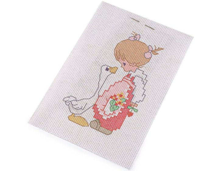 Dětská vyšívací sada s předtištěným motivem 020736/10, holčička a husa (předtisk, jehla a nitě), 14x20cm