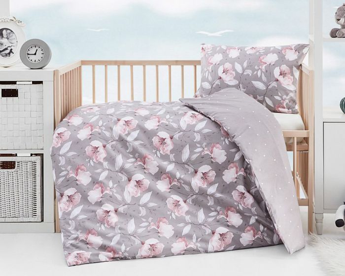 Dětské povlečení Matějovský do postýlky AMABEL BABY, růžové květy na šedé, bavlna hladká (více rozměrů)