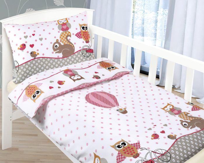 Dětské povlečení do postýlky RŮŽOVÁ SOVIČKA, bílé, bavlna hladká, 100x135cm + 45x60cm