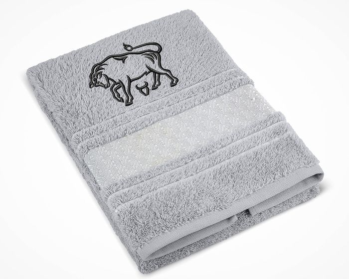 Froté ručník S VÝŠIVKOU ZNAMENÍ ZVĚROKRUH BÝK, šedý, 50x100cm