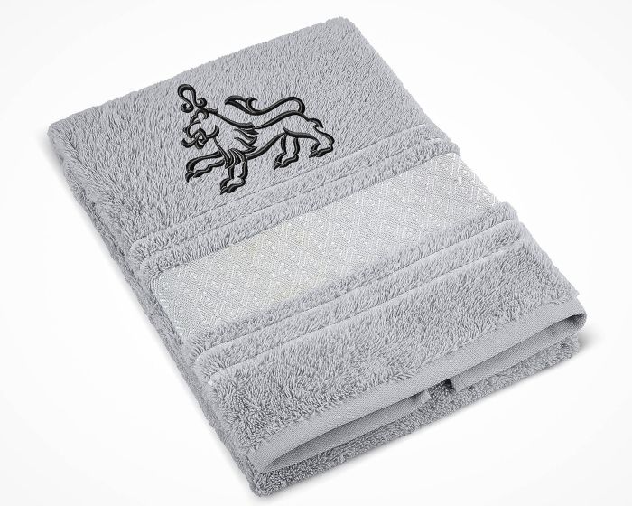 Froté ručník S VÝŠIVKOU ZNAMENÍ ZVĚROKRUH LEV, šedý, 50x100cm