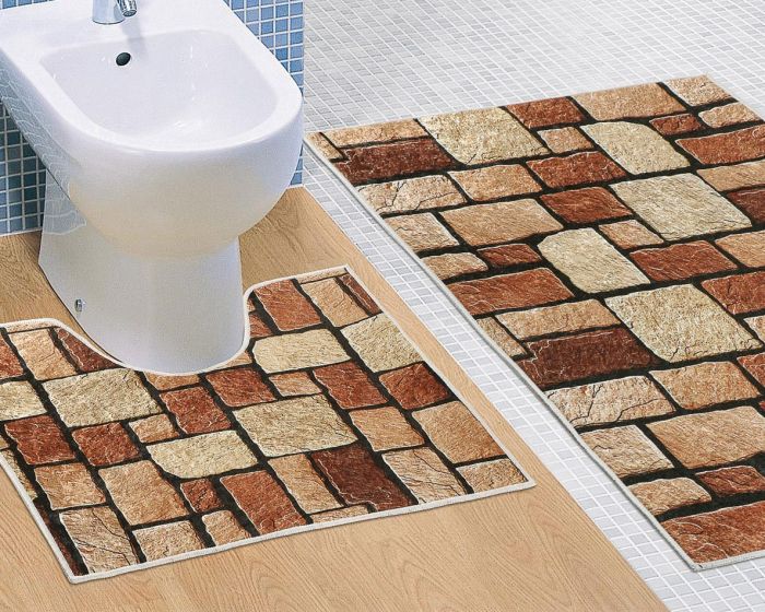 Koupelnová souprava 3D FOTOTISK KAMENNÁ DLAŽBA, 100x60cm (předložka) + 60x50cm (na WC)