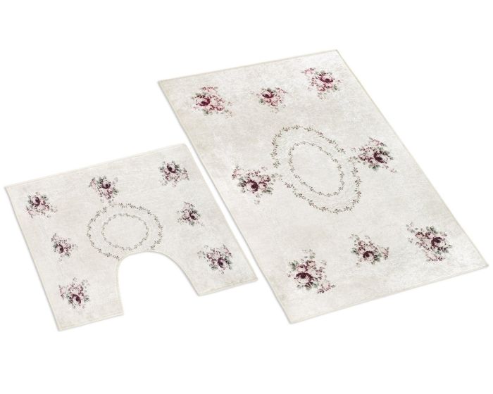 Koupelnová souprava 3D KYTICE, smetanová 100x60cm (předložka) + 60x50cm (na WC)