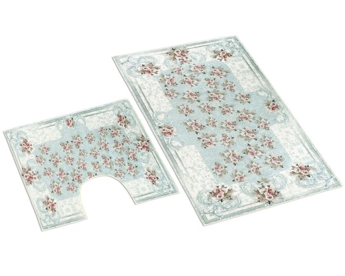 Koupelnová souprava 3D ORIENT S RŮŽIČKOU, světle modrá 100x60cm (předložka) + 60x50cm (na WC)