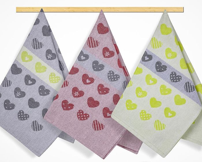 Kuchyňské utěrky SRDÍČKA ŠEDÉ, ČERVENÉ, ZELENÉ, 3 kusy, 50x70cm