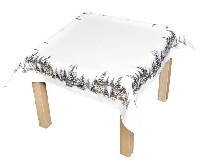 Kuchyňský ubrus vánoční CYH6059R, zasněžené chaloupky, bílo-zelená 85x85cm (čtverec) 