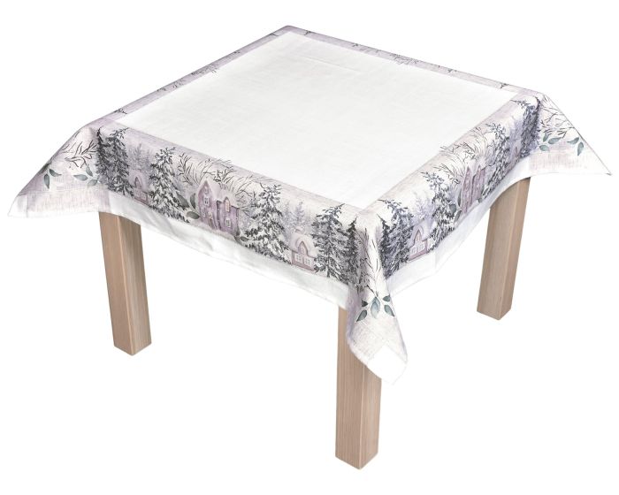 Kuchyňský ubrus vánoční CYH6064C, domečky, béžovo-zelená 85x85cm (čtverec)