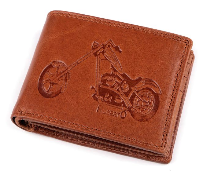Pánská kožená motorkářská peněženka s RFID ochranou, 870349/23, hnědá koňak-motorka, 9,5 x 15 x 3,5 cm