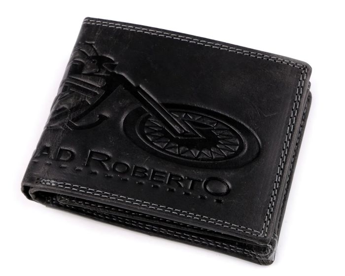 Pánská kožená motorkářská peněženka s RFID ochranou, 870349/26, černá-motorka, 9,5 x 15 x 3,5 cm