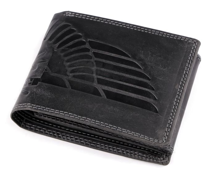 Pánská kožená motorkářská peněženka s RFID ochranou, 870349/28, černá-křídlo, matná 9,5 x 15 x 3,5 cm