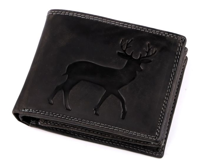 Pánská kožená myslivecká peněženka s RFID ochranou, 870349/16, černá - jelen, matná, 9,5 x 15 x 3,5 cm