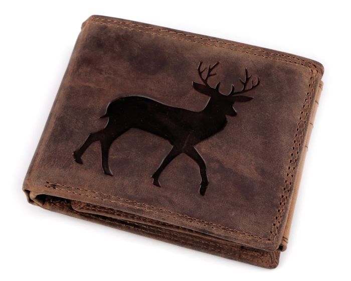 Pánská kožená myslivecká peněženka s RFID ochranou, 870349/17, hnědá - jelen, matná, 9,5 x 15 x 3,5 cm