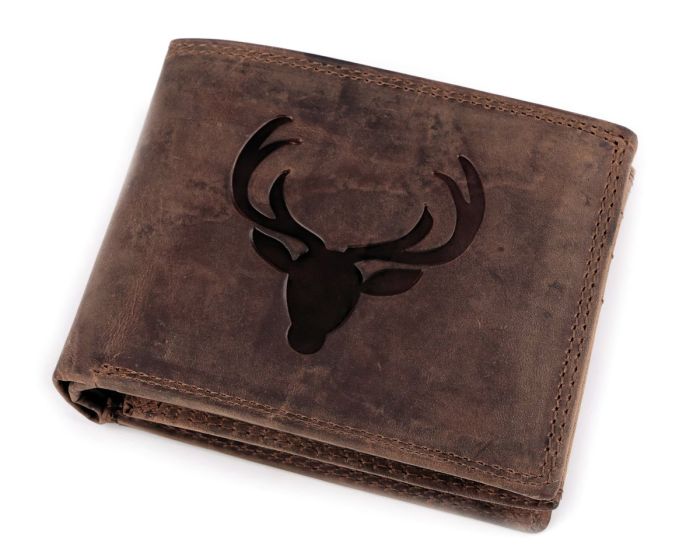 Pánská kožená myslivecká peněženka s RFID ochranou, 870349/20, hnědá - jelen, matná, 9,5 x 15 x 3,5 cm