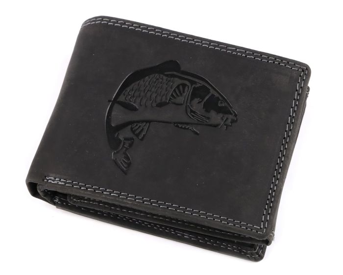 Pánská kožená rybářská peněženka s RFID ochranou, 870349/22, černá - ryba, matná, 9,5 x 15 x 3,5 cm