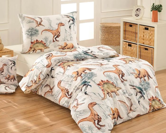 Povlečení dětské Matějovský DINO LAND, dinosauři, bílé, bavlna hladká, 140x200cm + 70x90cm