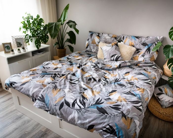 Povlečení DITA SILVER LEAFS listy na šedé, 3 dílné, bavlna hladká, 140x200cm + 70x90cm + 40x40cm