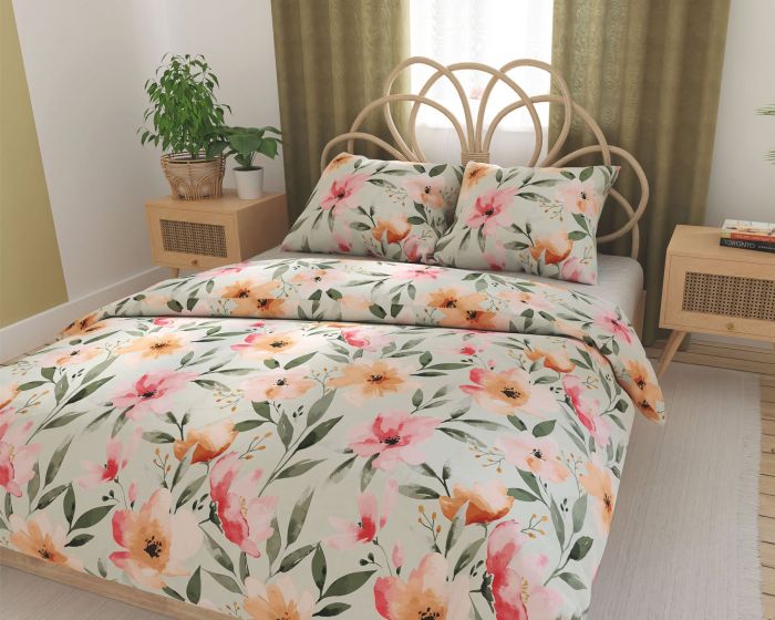 Povlečení FLORALIS, květnový vzor na bílo-zeleném podkladu, bavlněný satén, 140x200cm + 70x90cm