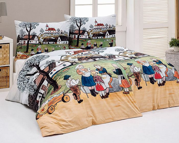 Povlečení Matějovský JOSEF LADA JARO NA VSI, zeleno-béžové, bavlna hladká digitál, 140x200cm + 70x90cm