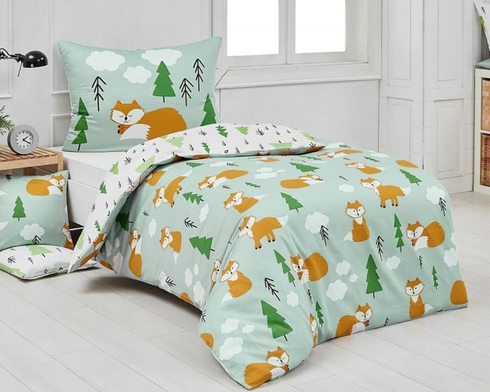 Dětské povlečení Matějovský FORREST, liška na zelené, bavlna hladká, 140x200cm + 70x90cm