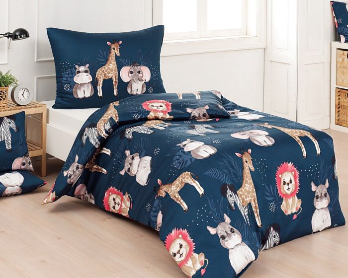 Dětské povlečení Matějovský LITTLE JUNGLE, zvířátka na modré, bavlna hladká, 140x200cm + 70x90cm