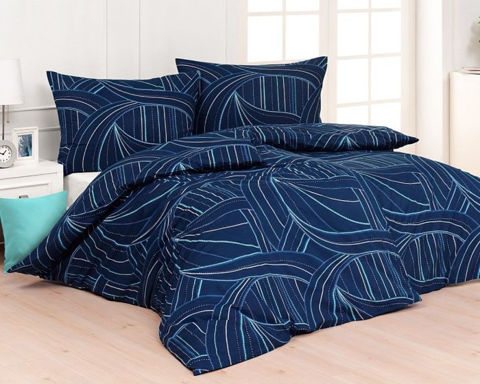 Povlečení Matějovský EZIO BLUE, vlnky a proužky, modré, 140x200cm + 70x90cm, (více materiálů)