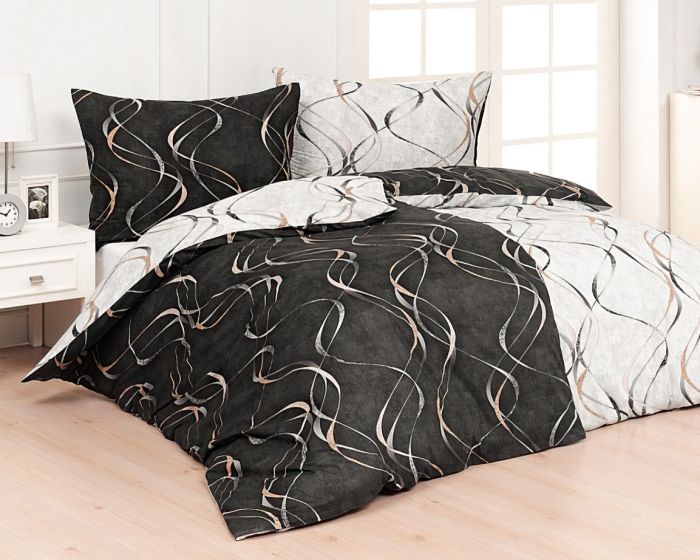 Povlečení Matějovský KINGSTON, šedo-zlaté vlny na černé / světle šedé, 140x200cm + 70x90cm, (více materiálů)