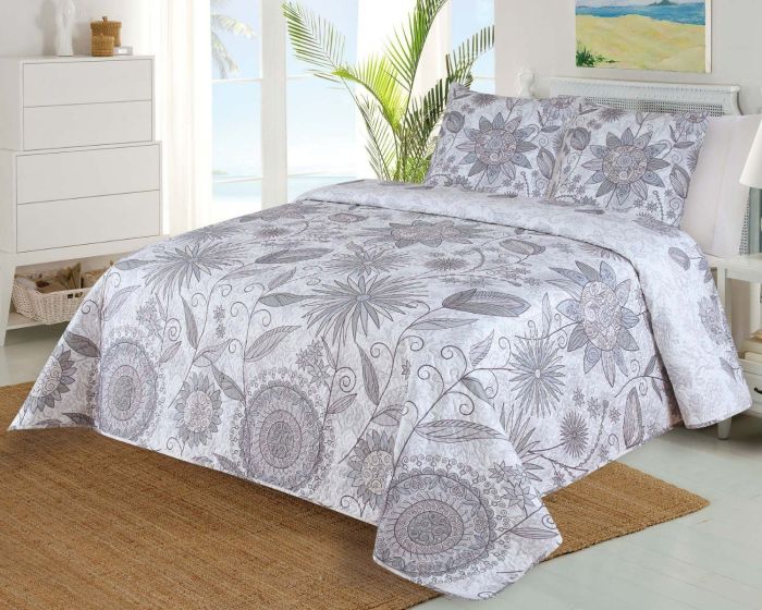 Přehoz na postel PRADO šedý, květinový vzor, 220x240cm, dvoulůžkový + 2x povlak 45 x 45cm