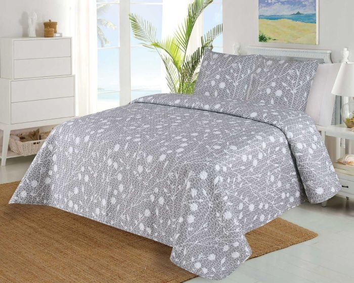Přehoz na postel RAMAS šedý, drobný květinový vzor, 220x240cm, dvoulůžkový + 2x povlak 45 x 45cm