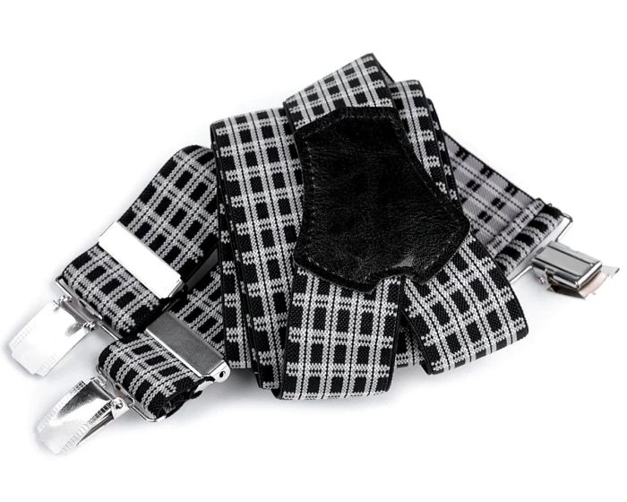 Šle pánské, délka 120cm, šíře 3,5cm, tvar Y, černo-bílé drobné káro, 650355/04