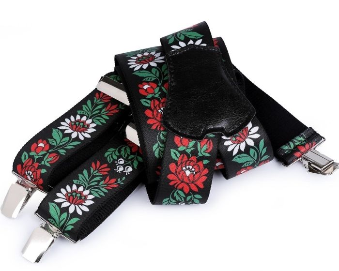 Šle pánské FOLKLOR ČERNÉ, délka 120cm, šíře 4cm, tvar Y, květinový vzor, 650363/03