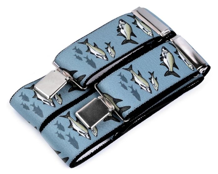 Šle pánské rybářské RYBY, délka 120cm, šíře 4cm, tvar Y, světle šedo-modré, 650368/01