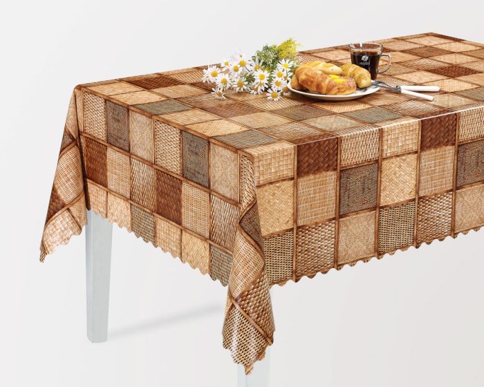 Ubrus PVC s textilním podkladem 1436-01 FLORISTA, koše ve čtvercích, hnědá, š.140cm (metráž)