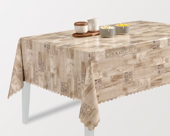 Ubrus PVC s textilním podkladem 1634-02 FLORISTA, dřevo se znakem, béžová, š.140cm (metráž)