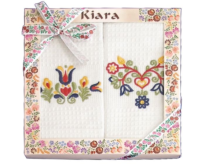 Utěrky KIARA 103 vaflové vyšívané, dárkové balení, folklór na bílé, 2 kusy 50x70cm