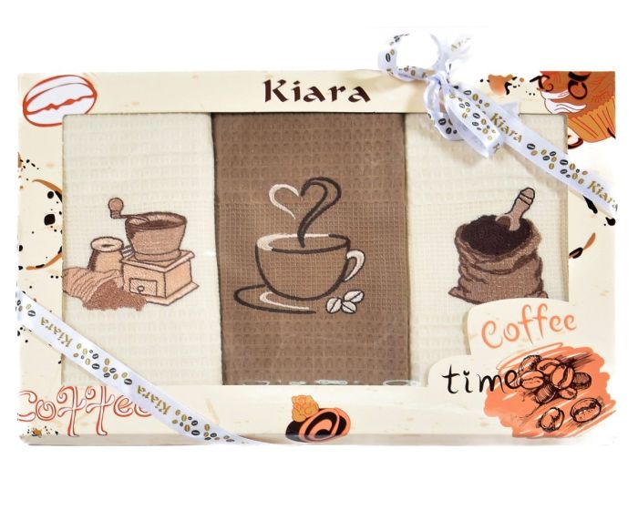 Utěrky KIARA 105 vaflové vyšívané, dárkové balení, káva a mlýnek, béžová, 3 kusy 50x70cm