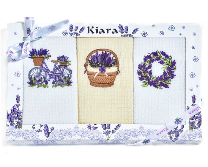 Utěrky KIARA 107 vaflové vyšívané, dárkové balení, levandule kolo košík věnec, smetanová a bílá, 3 kusy 50x70cm