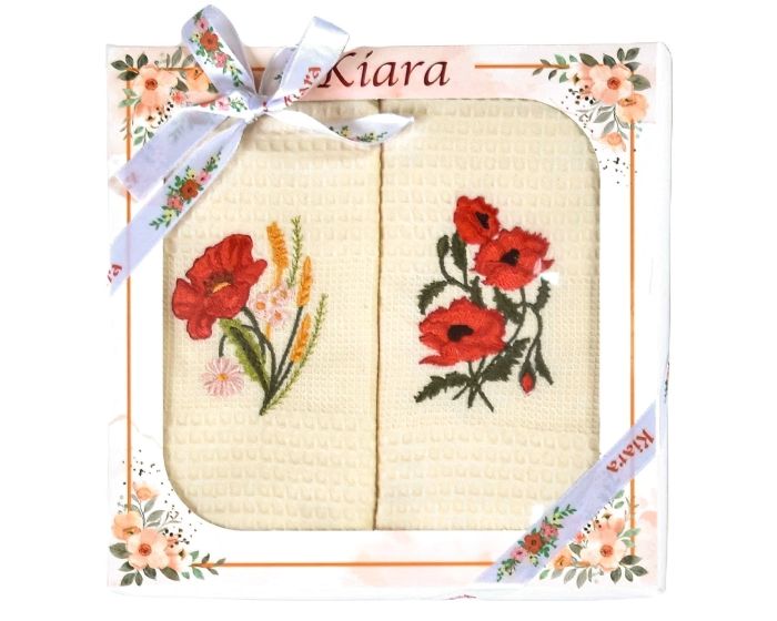 Utěrky KIARA 137 vaflové vyšívané, dárkové balení, vlčí máky na smetanové, 2 kusy 50x70cm