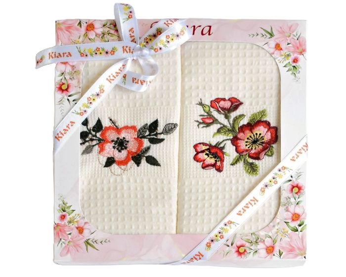 Utěrky KIARA 135 vaflové vyšívané, dárkové balení, šípkové růže na smetanové, 2 kusy 50x70cm