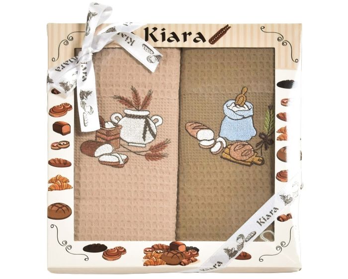 Utěrky KIARA 160 vaflové vyšívané, dárkové balení, modrý pytel a pečivo na tmavě béžové, 2 kusy 50x70cm