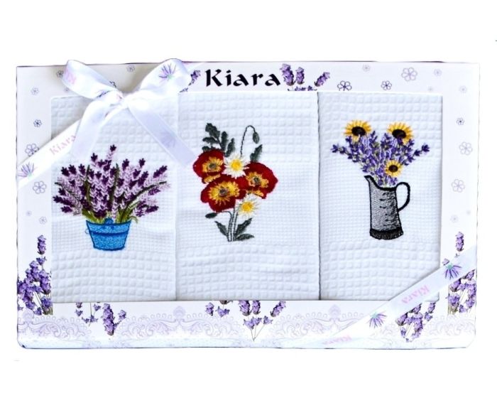 Utěrky KIARA 87 vaflové vyšívané, dárkové balení, květiny, bílá, 3 kusy 50x70cm